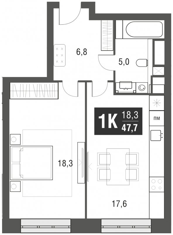 1-комнатная квартира с частичной отделкой, 47.7 м2, 20 этаж, сдача 2 квартал 2024 г., ЖК AFI Tower, корпус 1 - объявление 1930917 - фото №1