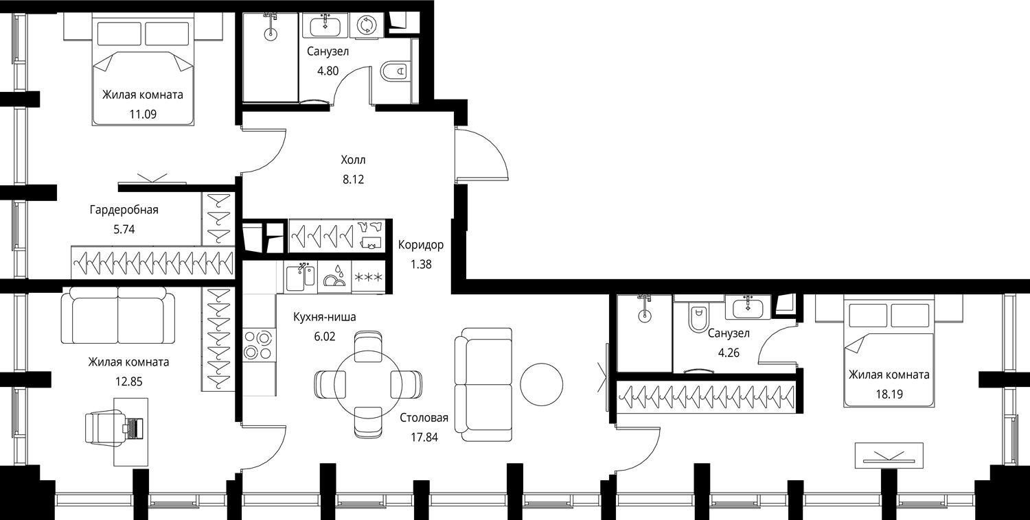 3-комнатная квартира с частичной отделкой, 90.29 м2, 5 этаж, сдача 3 квартал 2026 г., ЖК City Bay, корпус North Ocean 10 - объявление 2332412 - фото №1