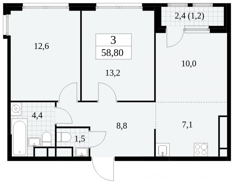 3-комнатная квартира (евро) с частичной отделкой, 58.8 м2, 26 этаж, сдача 2 квартал 2025 г., ЖК Южные сады, корпус 2.2 - объявление 1757653 - фото №1