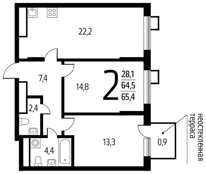 2-комнатная квартира с полной отделкой, 65.4 м2, 14 этаж, сдача 1 квартал 2024 г., ЖК Новые Ватутинки. Центральный, корпус 9/3 - объявление 1674591 - фото №1