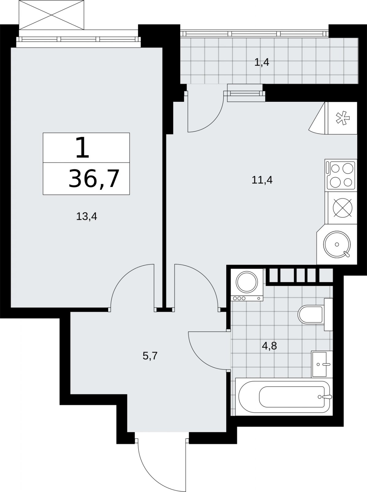 1-комнатная квартира с частичной отделкой, 36.7 м2, 4 этаж, сдача 2 квартал 2026 г., ЖК Бунинские кварталы, корпус 5.1 - объявление 2296887 - фото №1