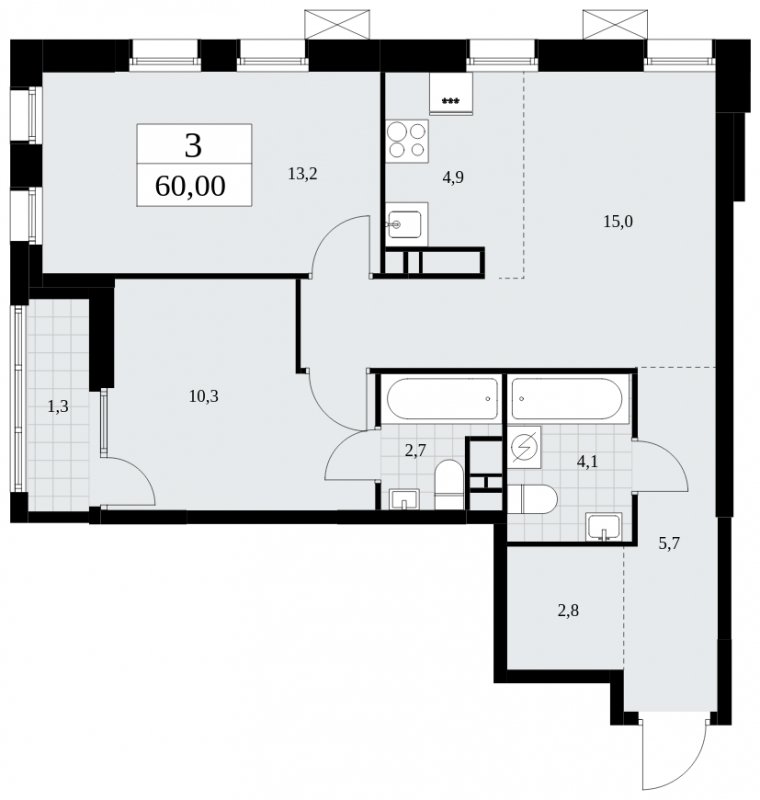3-комнатная квартира (евро) без отделки, 60 м2, 12 этаж, сдача 1 квартал 2025 г., ЖК Дзен-кварталы, корпус 1.3 - объявление 1895993 - фото №1