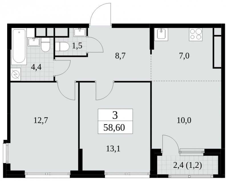 3-комнатная квартира (евро) с частичной отделкой, 58.6 м2, 25 этаж, сдача 2 квартал 2025 г., ЖК Южные сады, корпус 2.2 - объявление 1757640 - фото №1