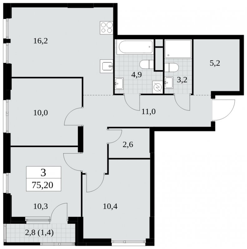 3-комнатная квартира с частичной отделкой, 75.2 м2, 4 этаж, сдача 2 квартал 2025 г., ЖК Южные сады, корпус 2.2 - объявление 1757480 - фото №1