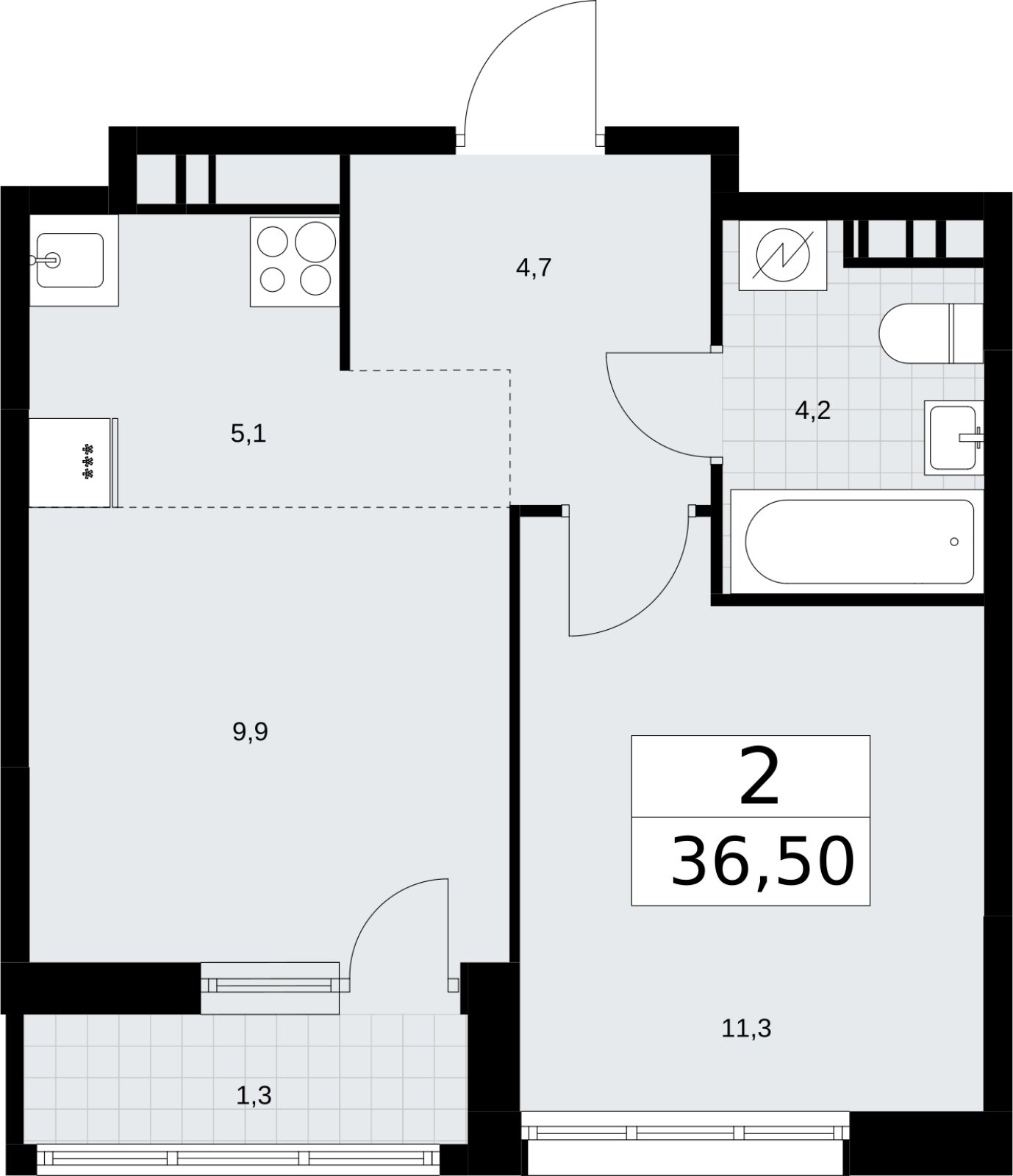 2-комнатная квартира (евро) без отделки, 36.5 м2, 7 этаж, сдача 3 квартал 2026 г., ЖК Родные кварталы, корпус 3.4 - объявление 2378678 - фото №1