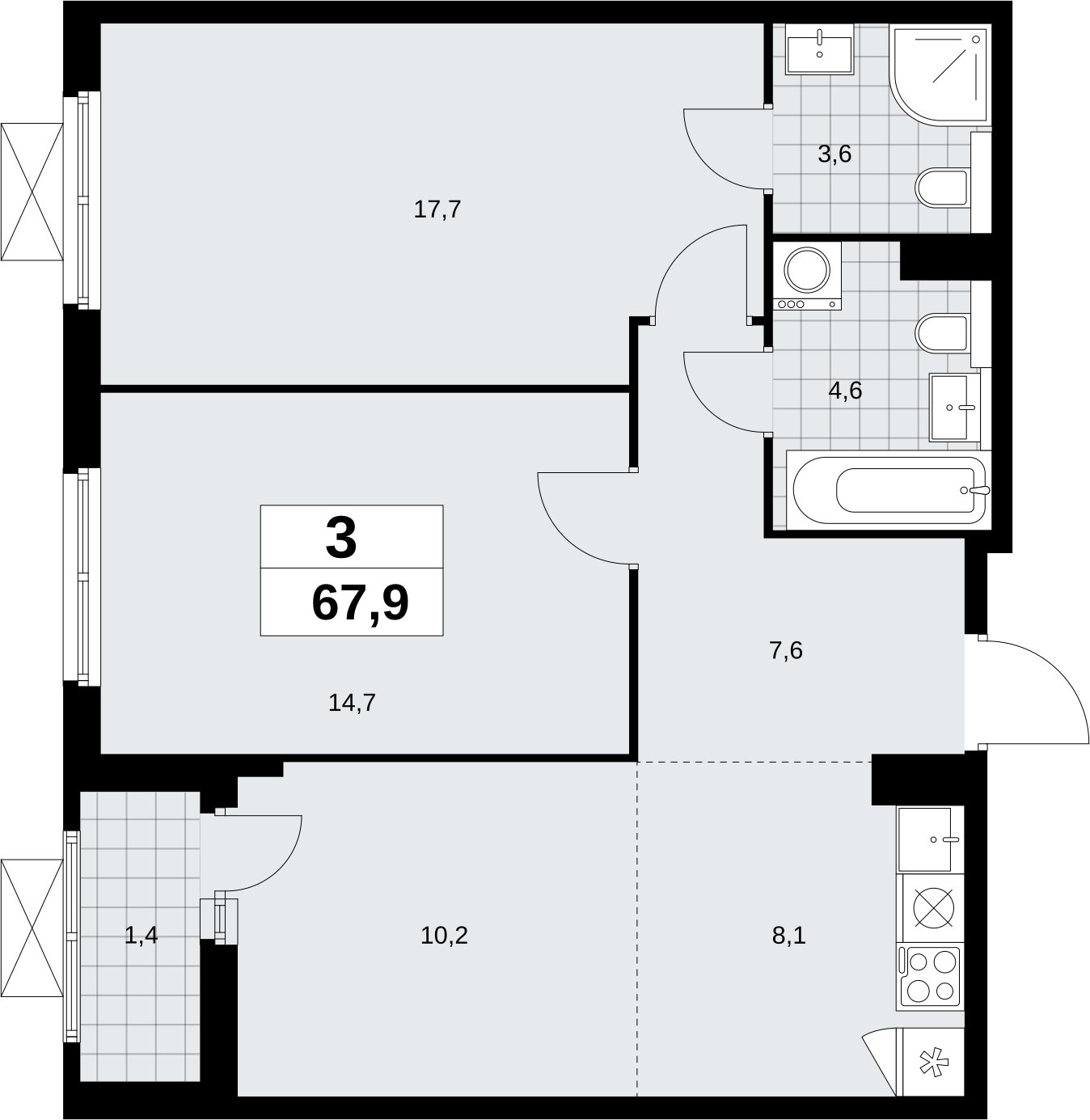 3-комнатная квартира (евро) без отделки, 67.9 м2, 3 этаж, сдача 2 квартал 2026 г., ЖК Бунинские кварталы, корпус 9.2 - объявление 2324202 - фото №1