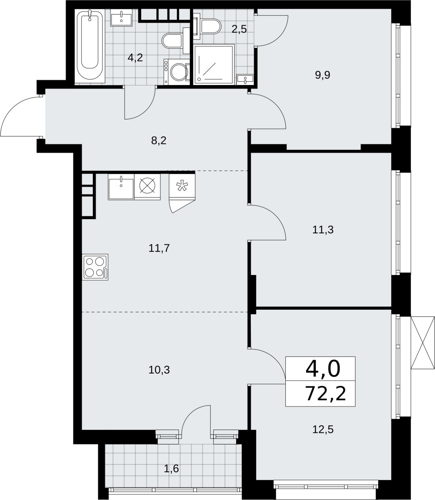 4-комнатная квартира (евро) с частичной отделкой, 72.2 м2, 9 этаж, сдача 2 квартал 2026 г., ЖК Прокшино, корпус 10.1.6 - объявление 2379232 - фото №1