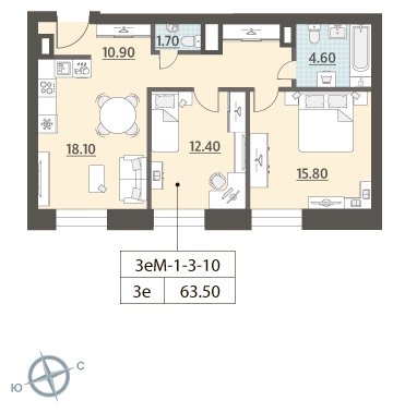 2-комнатная квартира без отделки, 63.5 м2, 8 этаж, сдача 4 квартал 2023 г., ЖК ЗИЛАРТ, корпус 15 - объявление 1947961 - фото №1