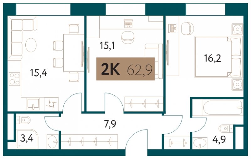 2-комнатная квартира 62.9 м2, 11 этаж, сдача 4 квартал 2022 г., ЖК Настоящее, корпус 3 - объявление 1752046 - фото №1