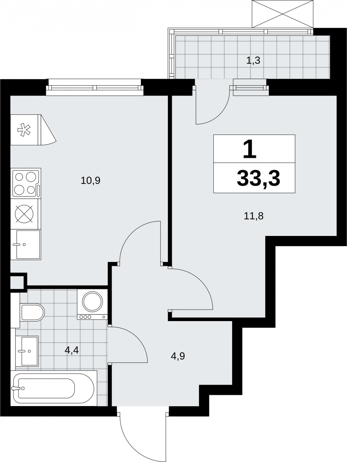 1-комнатная квартира без отделки, 33.3 м2, 2 этаж, сдача 2 квартал 2026 г., ЖК Бунинские кварталы, корпус 9.1 - объявление 2323518 - фото №1