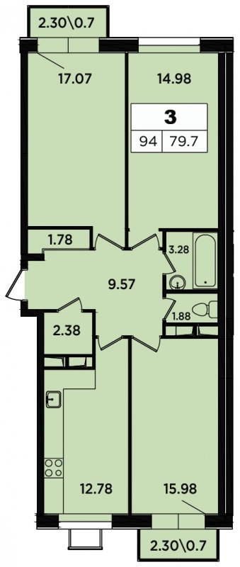 3-комнатные апартаменты 79.7 м2, 11 этаж, дом сдан, ЖК Легендарный Квартал на Березовой  аллее, корпус 4 - объявление 1471500 - фото №1