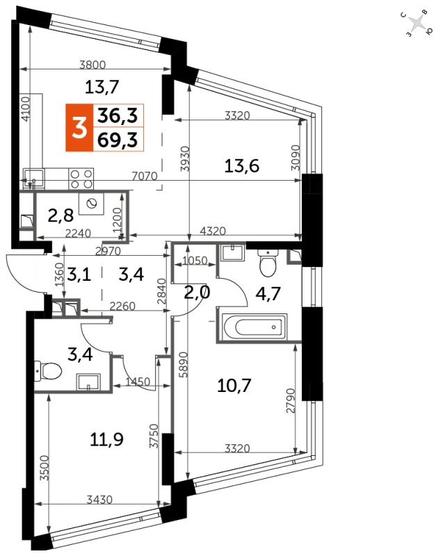 3-комнатная квартира с частичной отделкой, 68.9 м2, 2 этаж, сдача 4 квартал 2024 г., ЖК ROTTERDAM, корпус 2.3 - объявление 1652419 - фото №1