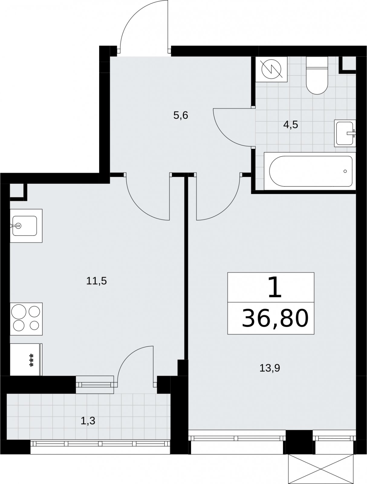 1-комнатная квартира без отделки, 36.8 м2, 2 этаж, сдача 3 квартал 2026 г., ЖК Родные кварталы, корпус 2 - объявление 2295520 - фото №1