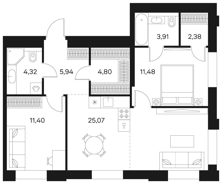 3-комнатная квартира без отделки, 68.8 м2, 16 этаж, сдача 4 квартал 2024 г., ЖК FØRST, корпус 1 - объявление 1942335 - фото №1