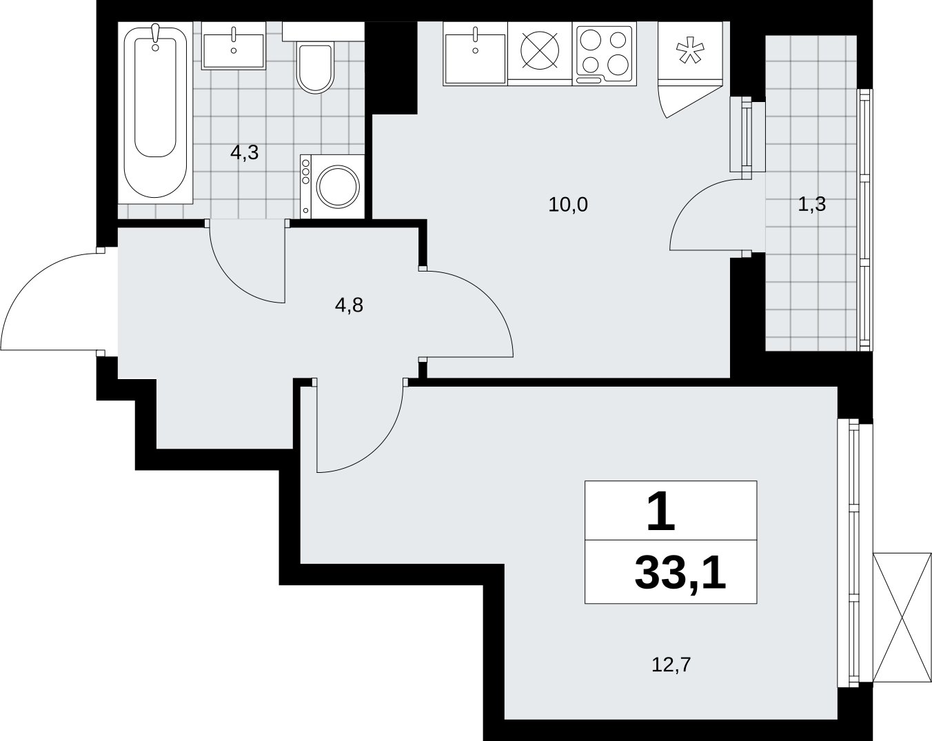 1-комнатная квартира без отделки, 33.1 м2, 8 этаж, сдача 2 квартал 2026 г., ЖК Бунинские кварталы, корпус 9.1 - объявление 2323578 - фото №1