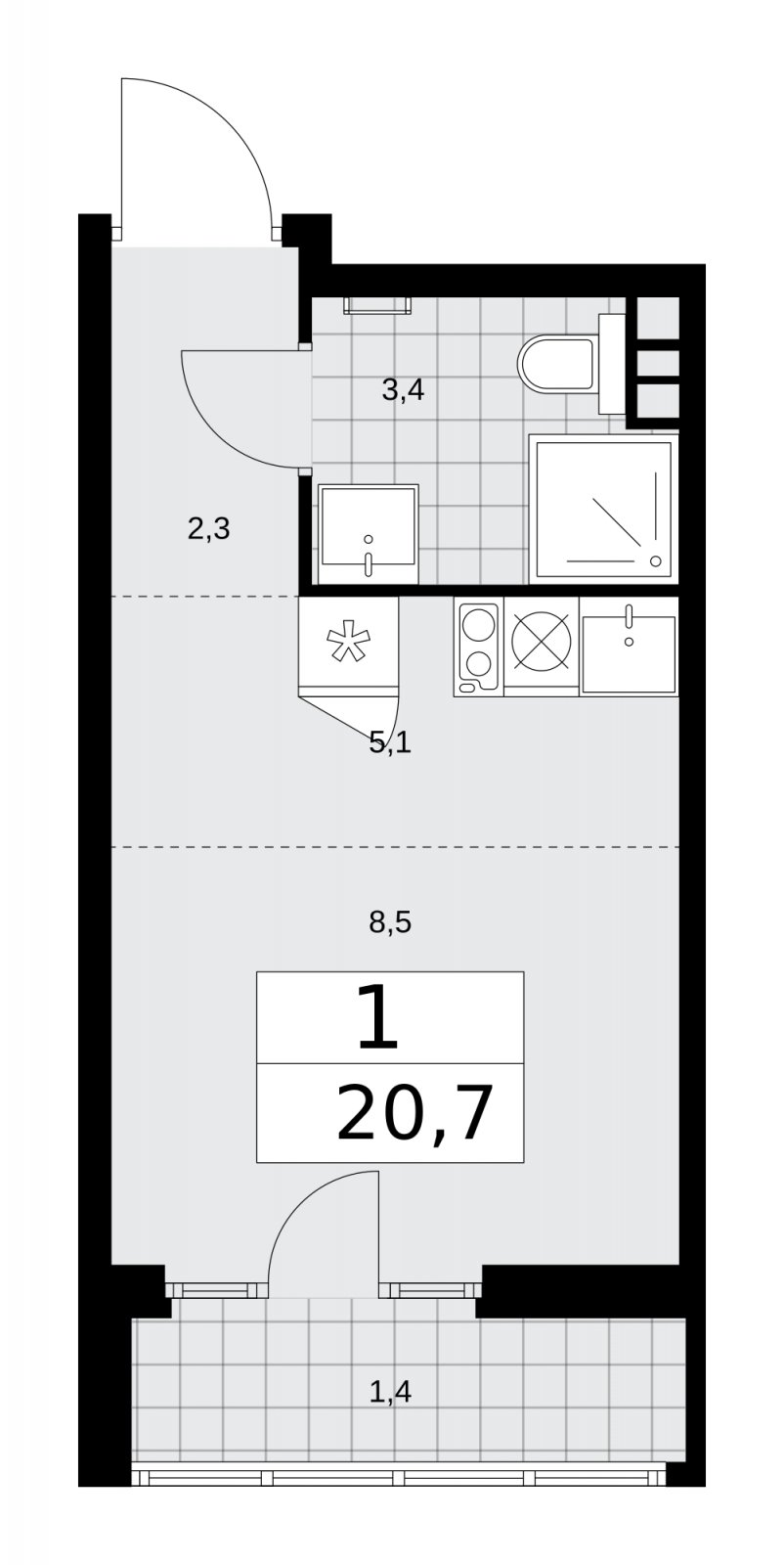 Студия с полной отделкой, 20.7 м2, 4 этаж, сдача 2 квартал 2026 г., ЖК Деснаречье, корпус 4.7 - объявление 2264761 - фото №1