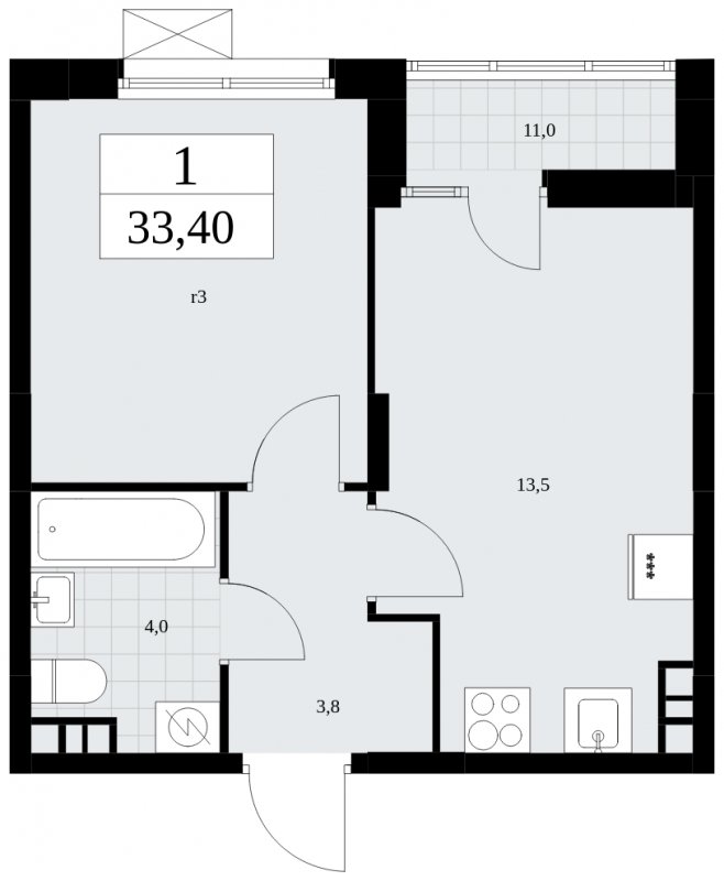 1-комнатная квартира с частичной отделкой, 33.4 м2, 4 этаж, сдача 1 квартал 2025 г., ЖК Дзен-кварталы, корпус 1.2 - объявление 1943972 - фото №1