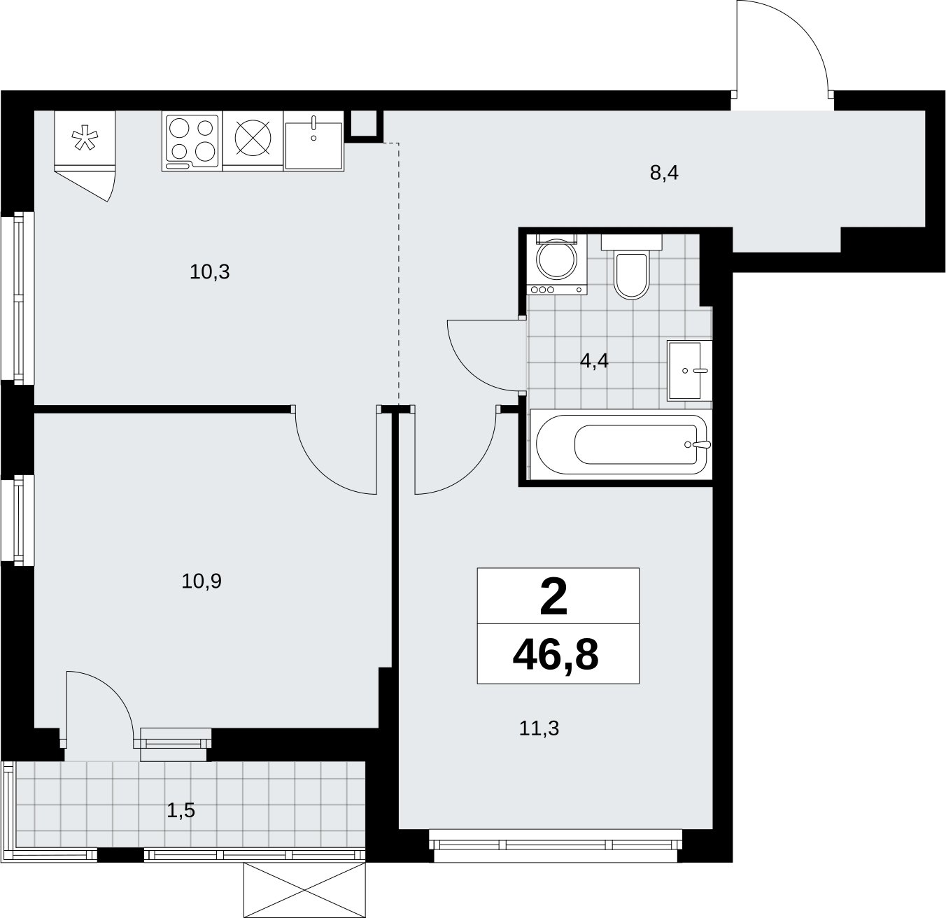 2-комнатная квартира с полной отделкой, 46.8 м2, 2 этаж, сдача 3 квартал 2026 г., ЖК Дзен-кварталы, корпус 6.1.3 - объявление 2327379 - фото №1
