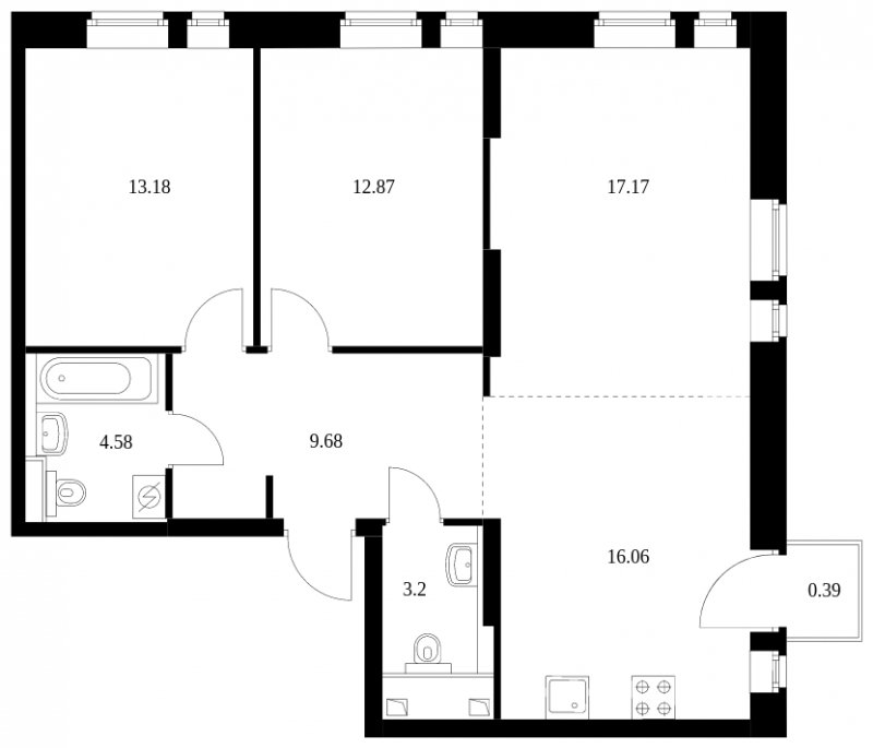 3-комнатная квартира без отделки, 77.3 м2, 16 этаж, сдача 4 квартал 2022 г., ЖК Green Park, корпус 7 - объявление 1859313 - фото №1