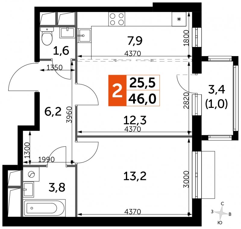 2-комнатная квартира без отделки, 46 м2, 3 этаж, сдача 3 квартал 2023 г., ЖК UP-квартал Римский, корпус 7 - объявление 1849968 - фото №1