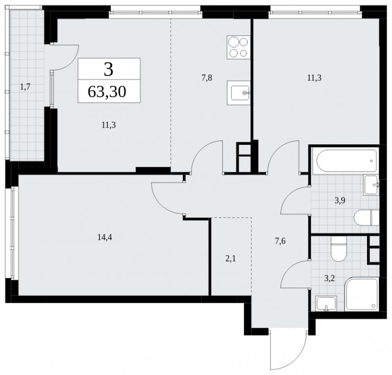 3-комнатная квартира (евро) с частичной отделкой, 63.3 м2, 3 этаж, сдача 4 квартал 2024 г., ЖК Скандинавия, корпус 36.2.1 - объявление 1779817 - фото №1