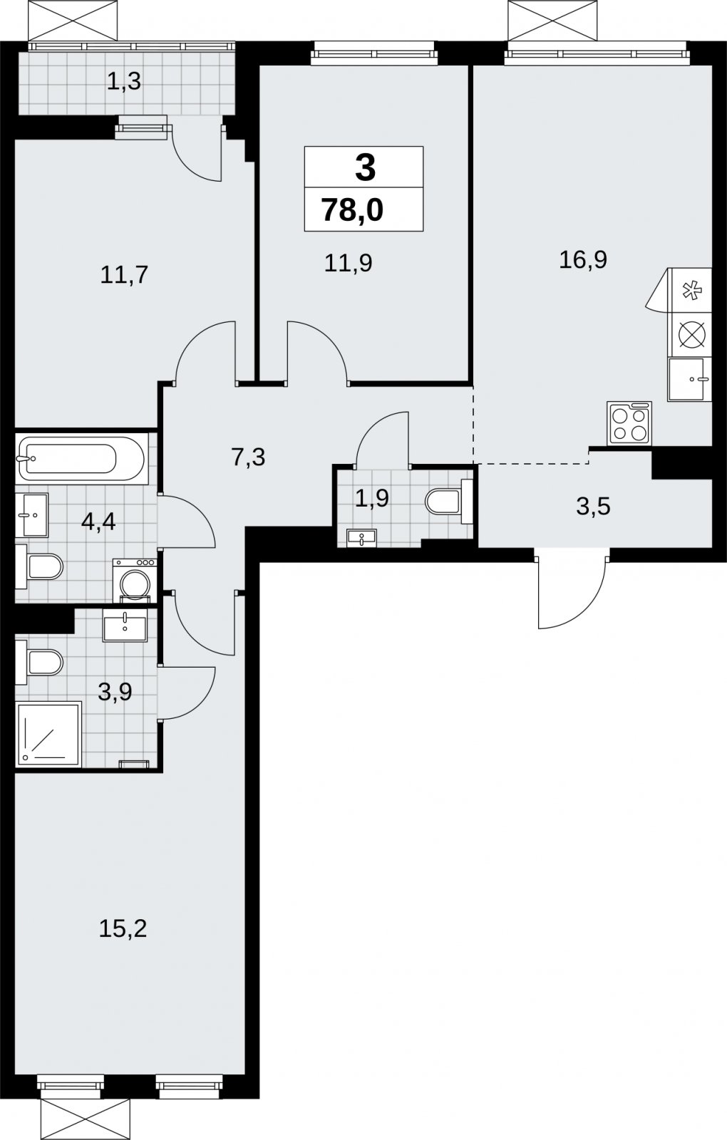 3-комнатная квартира с полной отделкой, 78 м2, 5 этаж, сдача 3 квартал 2026 г., ЖК Дзен-кварталы, корпус 6.1.3 - объявление 2327776 - фото №1