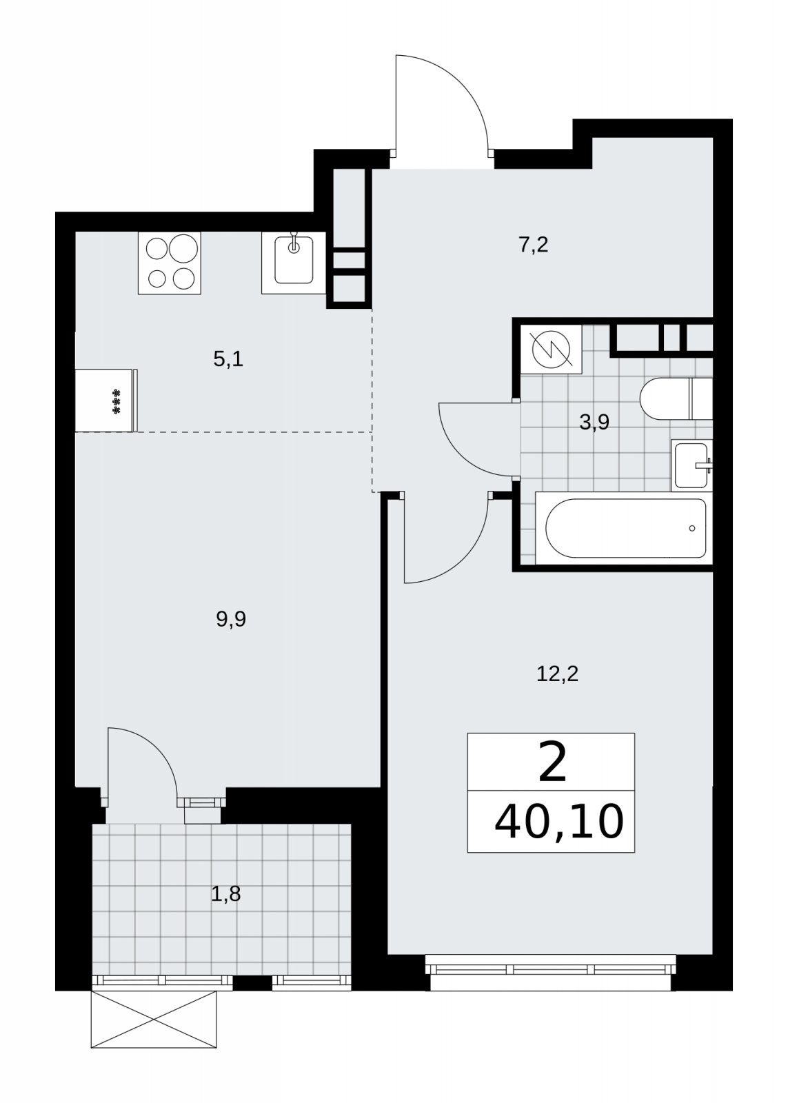 2-комнатная квартира (евро) с частичной отделкой, 40.1 м2, 11 этаж, сдача 4 квартал 2025 г., ЖК Бунинские кварталы, корпус 3.5 - объявление 2152200 - фото №1