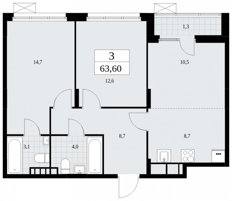 3-комнатная квартира (евро) с частичной отделкой, 63.6 м2, 5 этаж, сдача 3 квартал 2025 г., ЖК Дзен-кварталы, корпус 2.2 - объявление 1932424 - фото №1