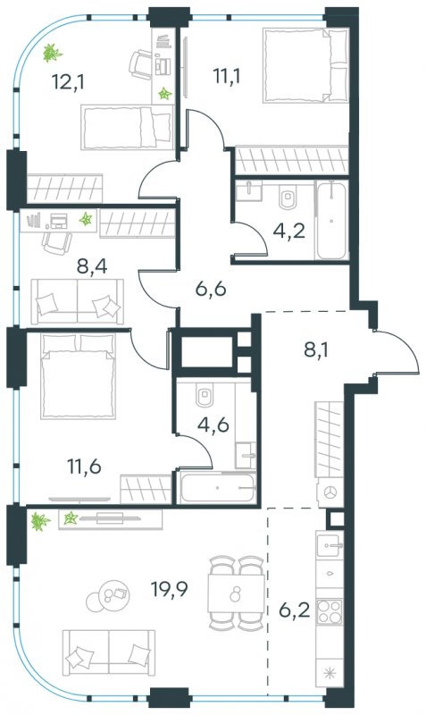 5-комнатная квартира (евро) без отделки, 92.8 м2, 18 этаж, сдача 4 квартал 2024 г., ЖК Level Мичуринский, корпус 6 - объявление 1635383 - фото №1