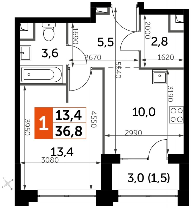 1-комнатная квартира с частичной отделкой, 36.8 м2, 21 этаж, сдача 1 квартал 2023 г., ЖК Sydney City, корпус 1 - объявление 1710109 - фото №1
