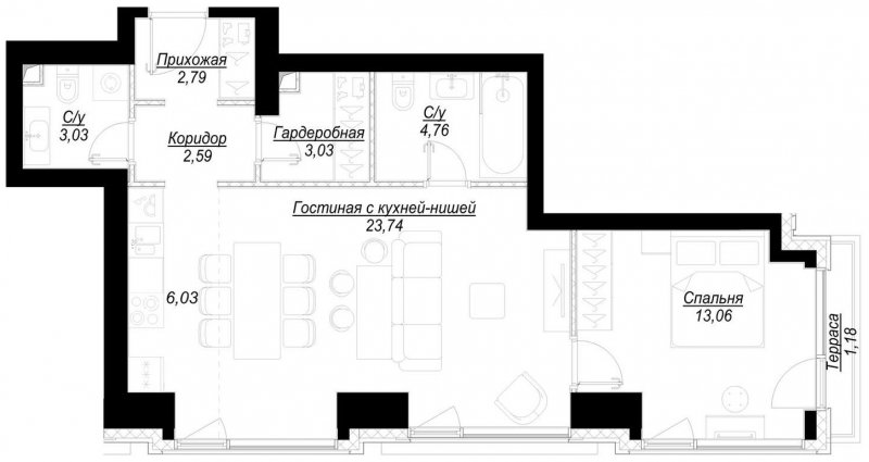 1-комнатная квартира с частичной отделкой, 59.4 м2, 5 этаж, дом сдан, ЖК Hide, корпус RiverSide - объявление 2192240 - фото №1