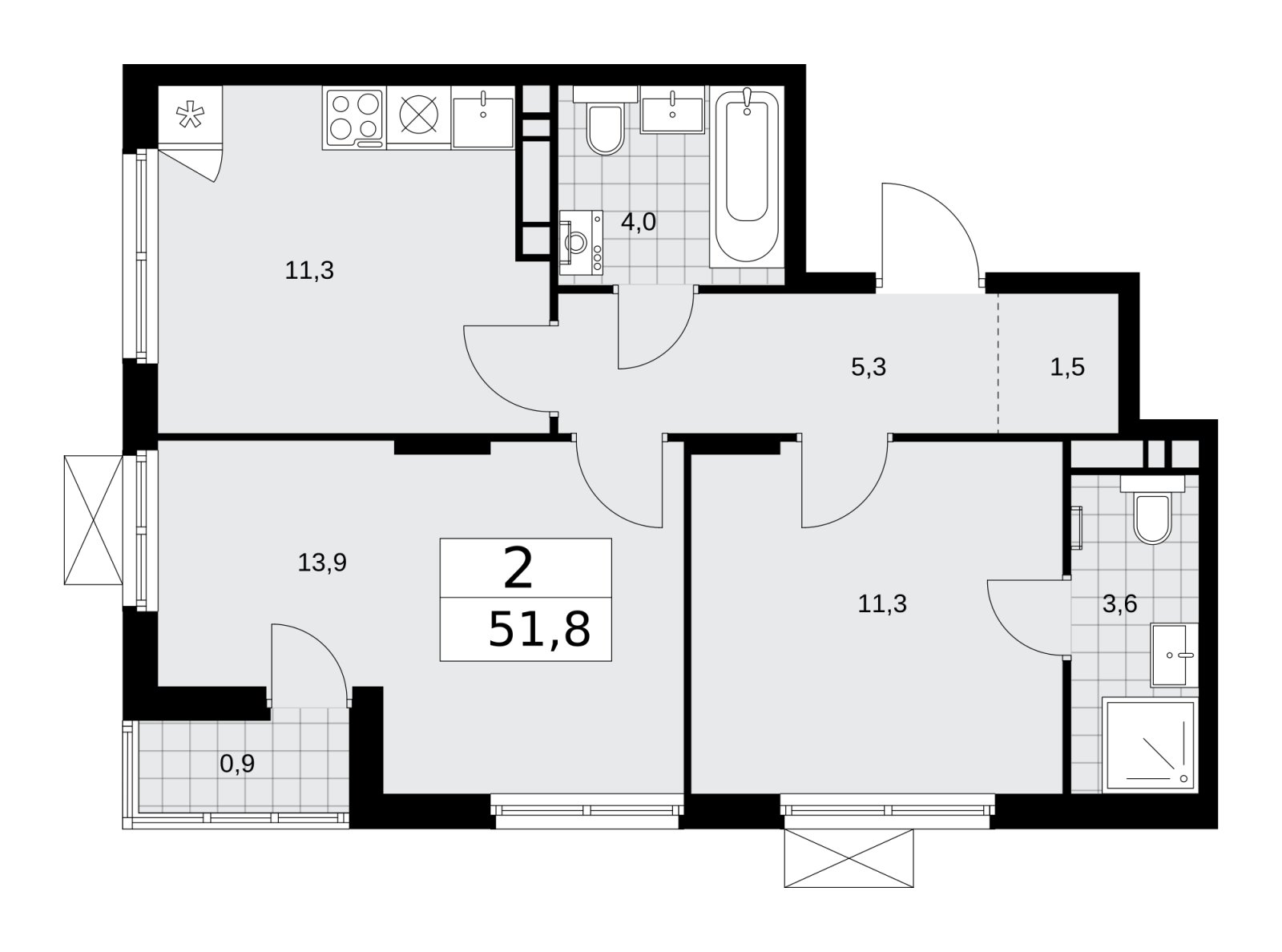 2-комнатная квартира без отделки, 51.8 м2, 9 этаж, сдача 1 квартал 2026 г., ЖК Деснаречье, корпус 4.2 - объявление 2263560 - фото №1
