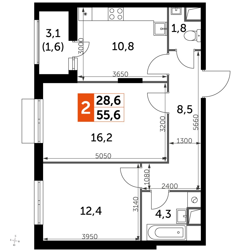 2-комнатная квартира с частичной отделкой, 56 м2, 1 этаж, дом сдан, ЖК UP-квартал Римский, корпус 7 - объявление 2353921 - фото №1