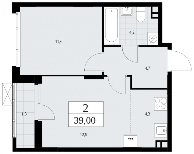 2-комнатная квартира (евро) без отделки, 39 м2, 3 этаж, сдача 2 квартал 2025 г., ЖК Дзен-кварталы, корпус 2.4 - объявление 1932823 - фото №1