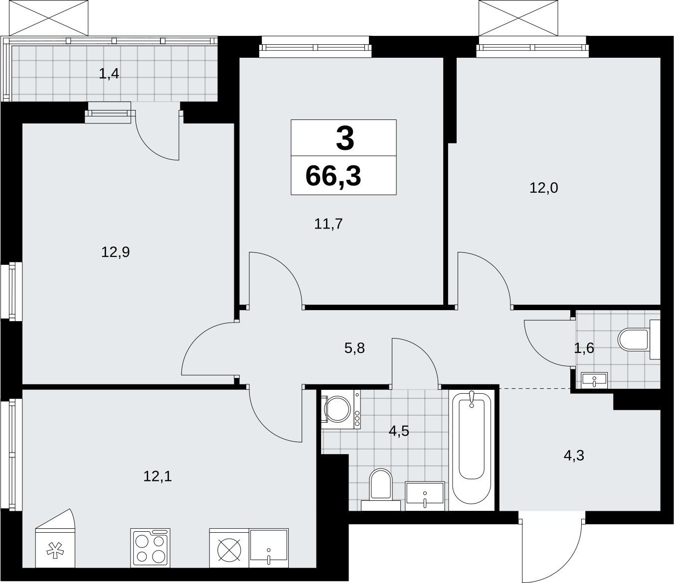 3-комнатная квартира без отделки, 66.3 м2, 4 этаж, сдача 2 квартал 2026 г., ЖК Дзен-кварталы, корпус 6.1.1 - объявление 2326953 - фото №1