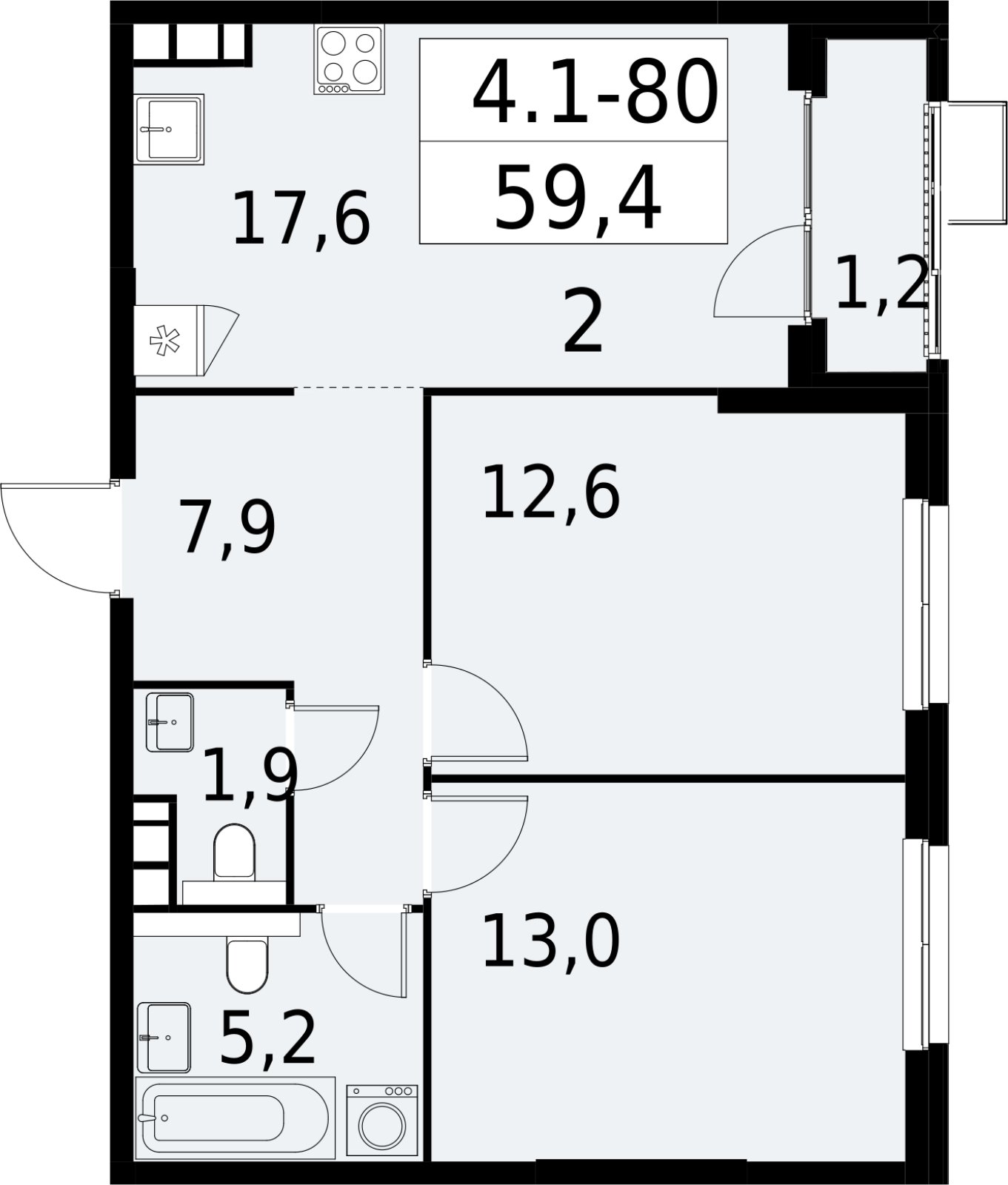2-комнатная квартира с полной отделкой, 59.4 м2, 15 этаж, сдача 2 квартал 2027 г., ЖК Южные сады, корпус 4.1.1 - объявление 2392621 - фото №1