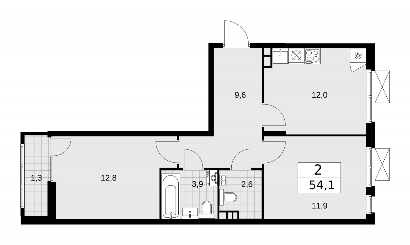2-комнатная квартира без отделки, 54.1 м2, 4 этаж, сдача 1 квартал 2026 г., ЖК Деснаречье, корпус 4.2 - объявление 2263725 - фото №1