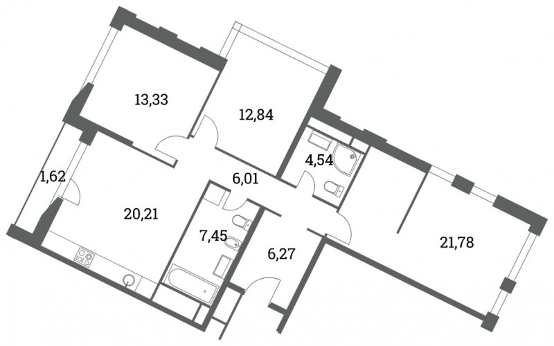 3-комнатная квартира 92.43 м2, 3 этаж, сдача 4 квартал 2022 г., ЖК Headliner, корпус 7 - объявление 1714153 - фото №1