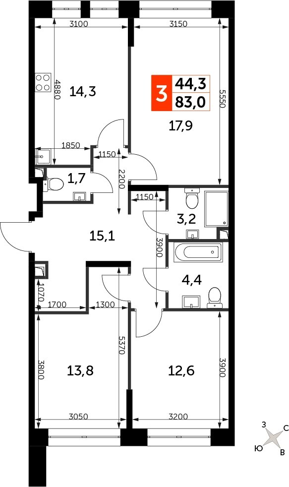 3-комнатная квартира с частичной отделкой, 83 м2, 11 этаж, сдача 3 квартал 2024 г., ЖК Sydney City, корпус 2.1 - объявление 2282946 - фото №1