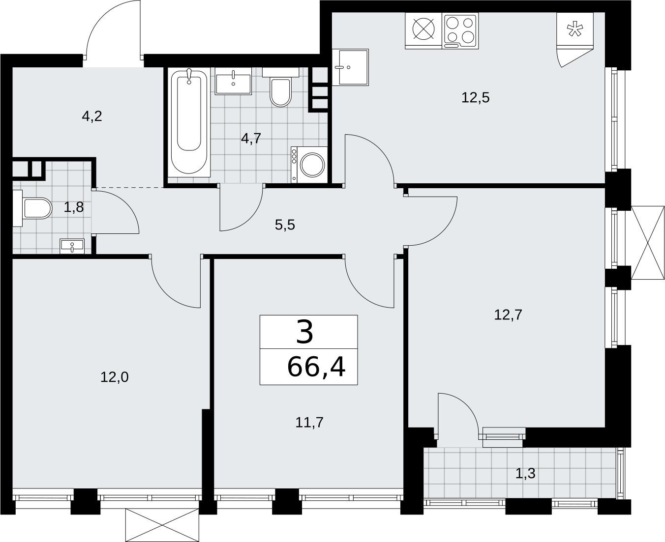 3-комнатная квартира без отделки, 66.4 м2, 3 этаж, сдача 2 квартал 2026 г., ЖК Бунинские кварталы, корпус 5.4 - объявление 2297864 - фото №1