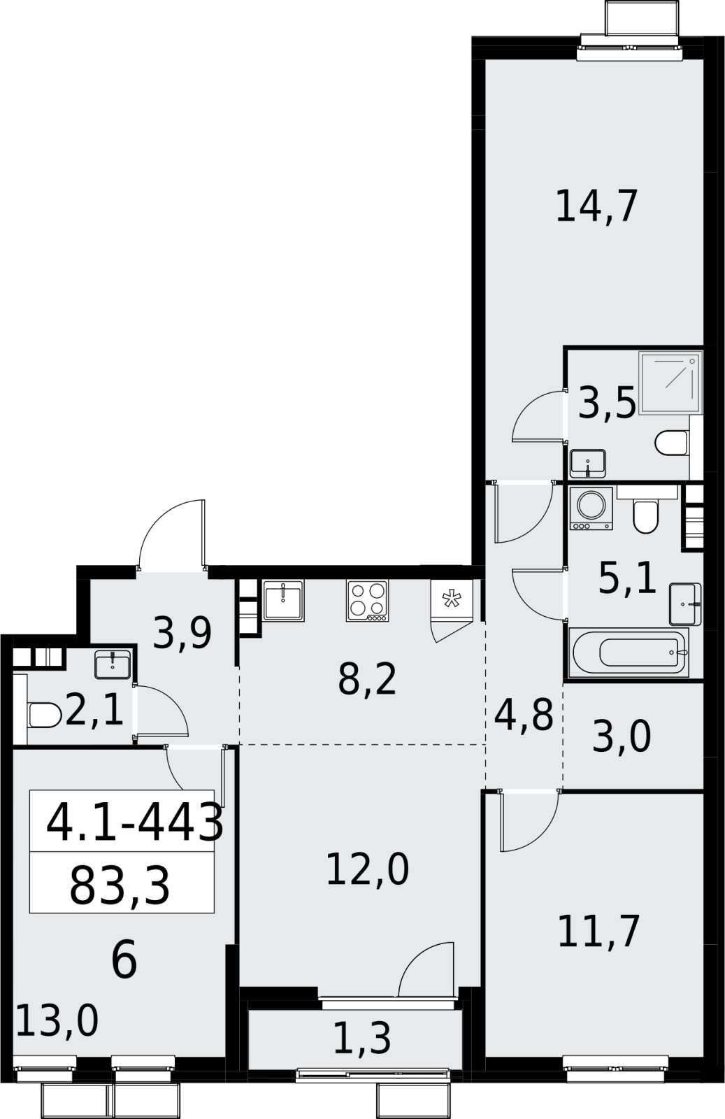 4-комнатная квартира (евро) с полной отделкой, 83.3 м2, 6 этаж, сдача 2 квартал 2027 г., ЖК Южные сады, корпус 4.1.2 - объявление 2392948 - фото №1