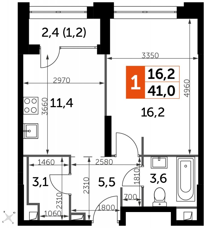 1-комнатная квартира с частичной отделкой, 41 м2, 22 этаж, сдача 1 квартал 2023 г., ЖК Sydney City, корпус 3 - объявление 1694271 - фото №1