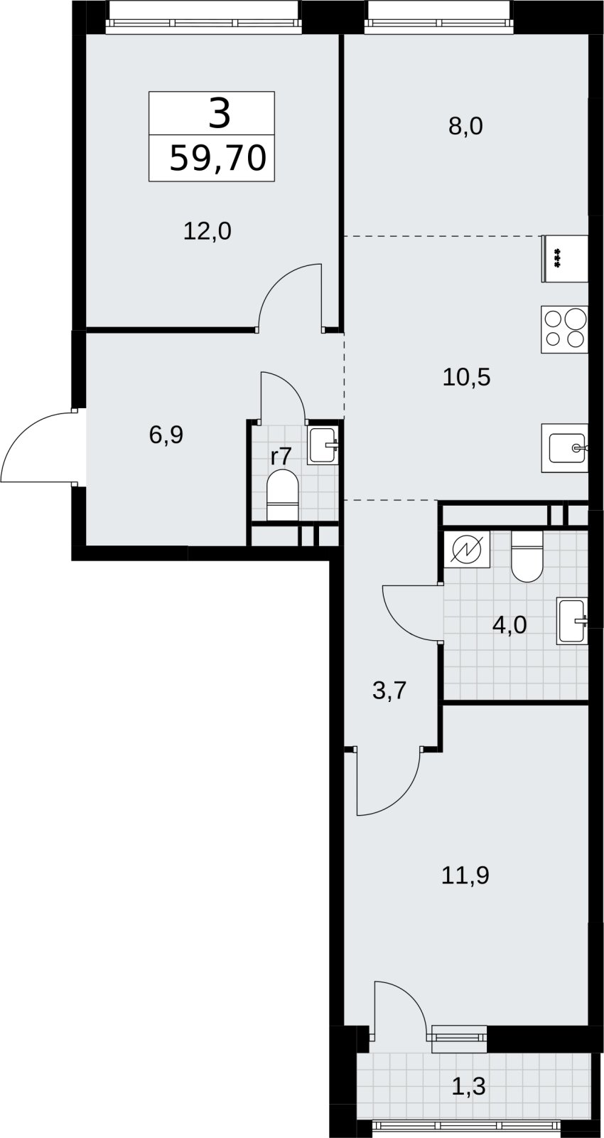 3-комнатная квартира (евро) с полной отделкой, 59.7 м2, 9 этаж, сдача 4 квартал 2026 г., ЖК Родные кварталы, корпус 3.3 - объявление 2378636 - фото №1