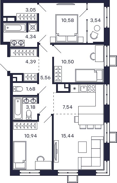 3-комнатная квартира без отделки, 80.74 м2, 28 этаж, сдача 2 квартал 2025 г., ЖК Квартал Тетрис, корпус "Квартал Тетрис 2.1" - объявление 2371221 - фото №1