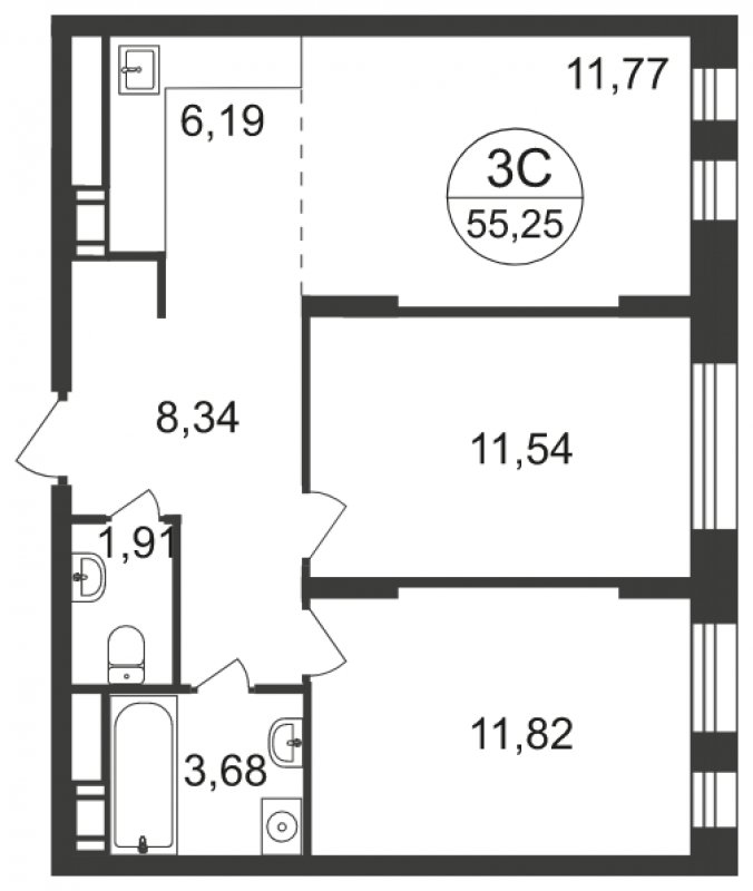 3-комнатная квартира с полной отделкой, 55.25 м2, 8 этаж, сдача 3 квартал 2023 г., ЖК Люберцы, корпус 66 - объявление 1597919 - фото №1