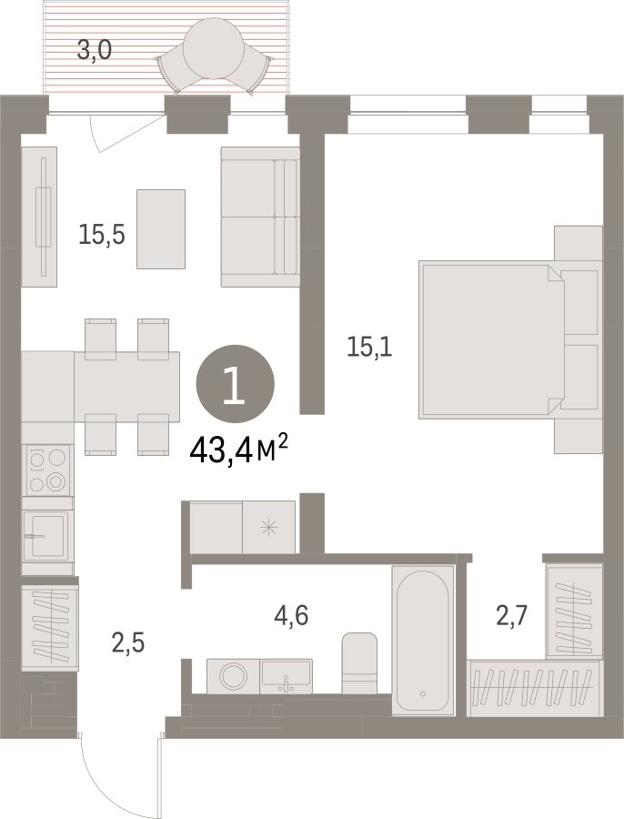 1-комнатная квартира с частичной отделкой, 43.37 м2, 3 этаж, сдача 1 квартал 2025 г., ЖК Первый квартал, корпус Дом 5 - объявление 2281408 - фото №1