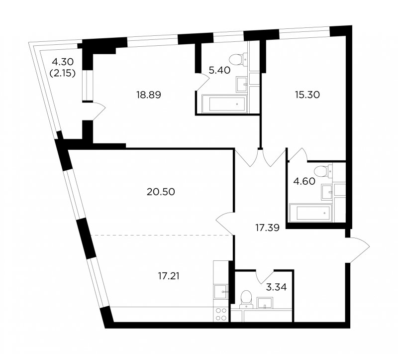 3-комнатная квартира (евро) без отделки, 104.78 м2, 4 этаж, сдача 2 квартал 2022 г., ЖК КутузовGRAD 2, корпус 3 - объявление 1619967 - фото №1