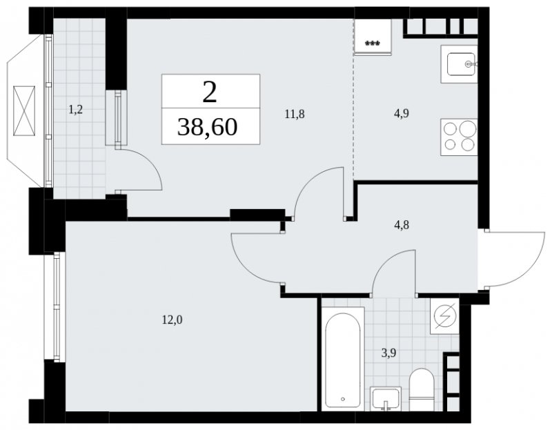 2-комнатная квартира (евро) без отделки, 38.6 м2, 9 этаж, сдача 1 квартал 2025 г., ЖК Бунинские кварталы, корпус 1.3 - объявление 1834702 - фото №1