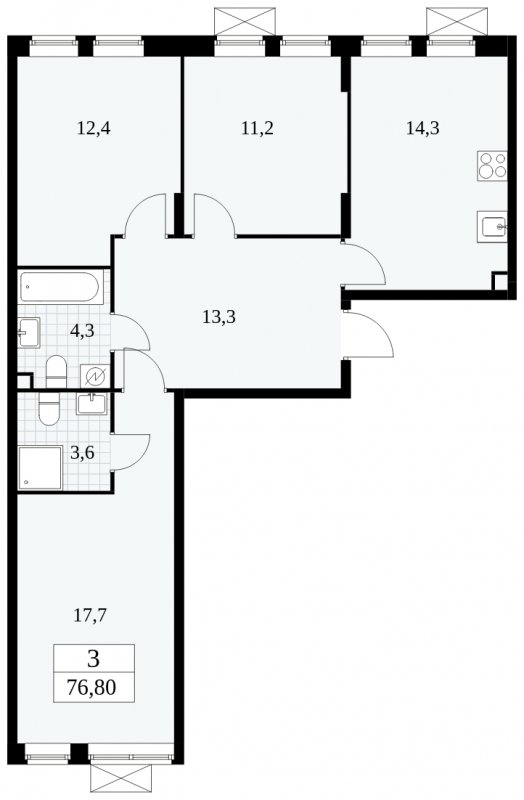 3-комнатная квартира без отделки, 76.8 м2, 2 этаж, сдача 1 квартал 2025 г., ЖК Прокшино, корпус 5.1.3 - объявление 1810587 - фото №1