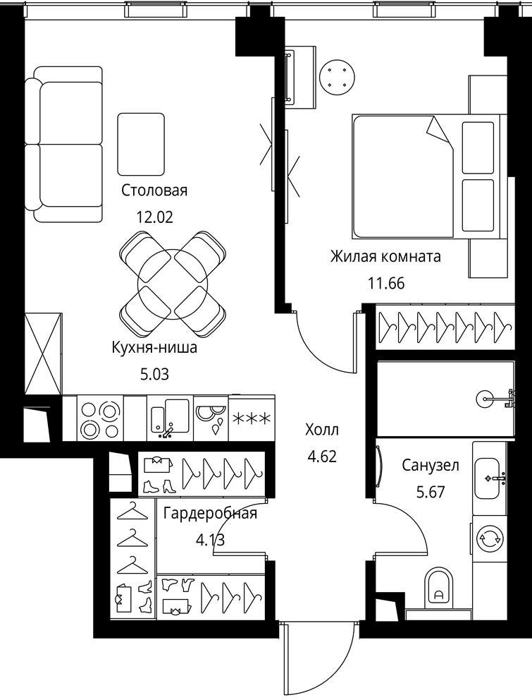 1-комнатная квартира с частичной отделкой, 43.13 м2, 11 этаж, сдача 3 квартал 2026 г., ЖК City Bay, корпус North Ocean 1 - объявление 2332283 - фото №1